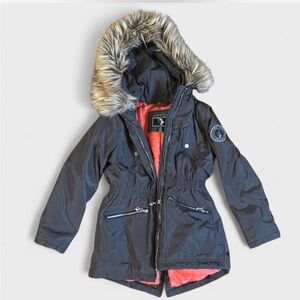 Baby Phat Charcoal and Coral Fur Hooded Puffer Jacket